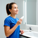 **

A young woman with clear, healthy skin is demonstrating a gentle facial cleansing routine in a bright, modern bathroom. She is fully clothed in comfortable, modest attire (e.g., t-shirt and leggings). The focus is on her hands and the skincare product she's using. The background features clean lines and soft lighting. Safe for work, appropriate content, professional, modest, perfect anatomy, natural proportions, well-formed hands, proper finger count.

**