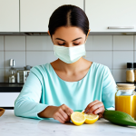 Natural Beauty Treatment Preparation**

A woman preparing a natural face mask with ingredients like lemon, turmeric, and aloe vera in a bright, clean kitchen. Jars and bowls with ingredients are neatly arranged. The woman is fully clothed in modest, comfortable attire. Safe for work, appropriate content, professional photography, perfect anatomy, natural lighting, high resolution.

**