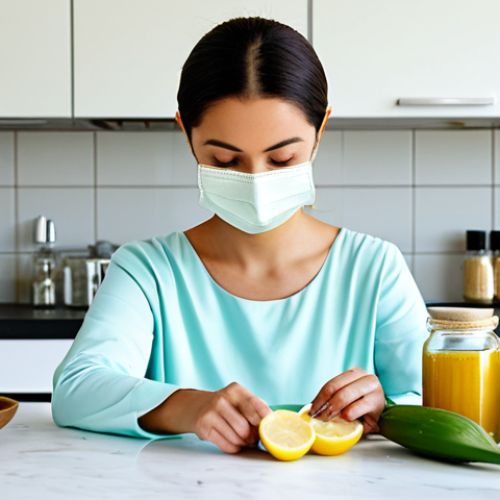 Natural Beauty Treatment Preparation**

A woman preparing a natural face mask with ingredients like lemon, turmeric, and aloe vera in a bright, clean kitchen. Jars and bowls with ingredients are neatly arranged. The woman is fully clothed in modest, comfortable attire. Safe for work, appropriate content, professional photography, perfect anatomy, natural lighting, high resolution.

**