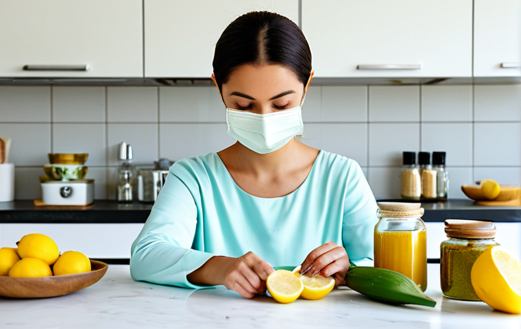 Natural Beauty Treatment Preparation**

A woman preparing a natural face mask with ingredients like lemon, turmeric, and aloe vera in a bright, clean kitchen. Jars and bowls with ingredients are neatly arranged. The woman is fully clothed in modest, comfortable attire. Safe for work, appropriate content, professional photography, perfect anatomy, natural lighting, high resolution.

**