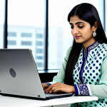 **

"A professional Indian woman, fully clothed in a modest and elegant salwar kameez, working on a laptop in a bright and modern office. Natural lighting, professional environment, safe for work, appropriate content, perfect anatomy, correct proportions, high resolution, detailed features."

**