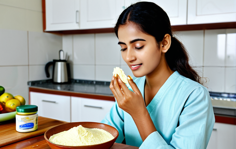 피부과 홈케어 루틴 - Natural Cleansing**

"A young woman with clear, glowing skin, applying a paste of besan (gram flour)...