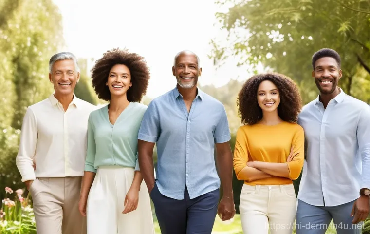 피부미백 시술 효과 - **Prompt 1: Radiant Natural Beauty**
    "A diverse group of individuals, male and female, of varyin...