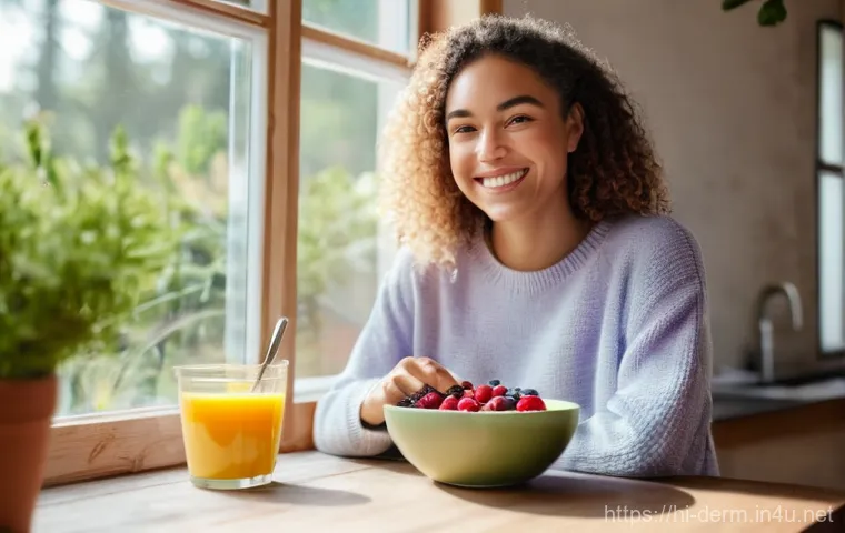 피부가 예민할 때 관리법 - **Prompt:** A close-up, warm-toned portrait of a young adult (20s-30s, gender-neutral) with visibly ...