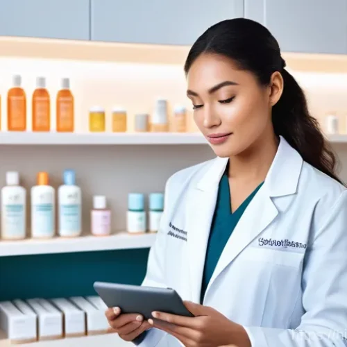 피부과와 성형외과 차이 - **Prompt:** A young adult, with clear, glowing skin, sits attentively in a brightly lit, modern derm...