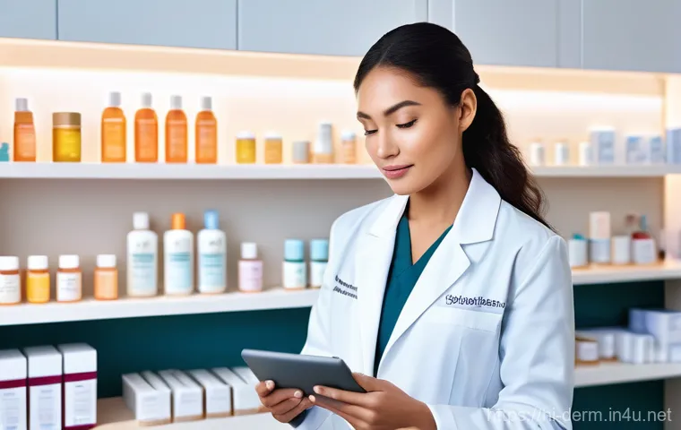 피부과와 성형외과 차이 - **Prompt:** A young adult, with clear, glowing skin, sits attentively in a brightly lit, modern derm...