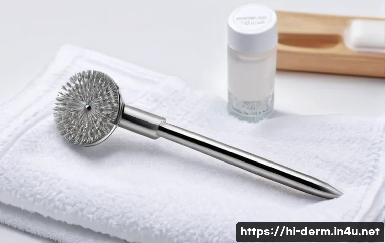 피부과 여드름 압출기 - A close-up image of a stainless steel acne extractor tool set on a clean white towel background, fea...