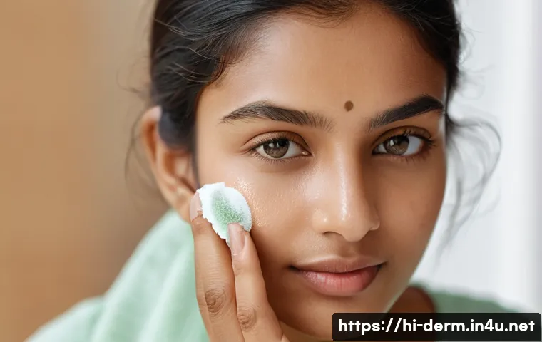 피부과 시술 전후 관리 - A serene close-up portrait of a young Indian woman with smooth, glowing skin after a facial treatmen...