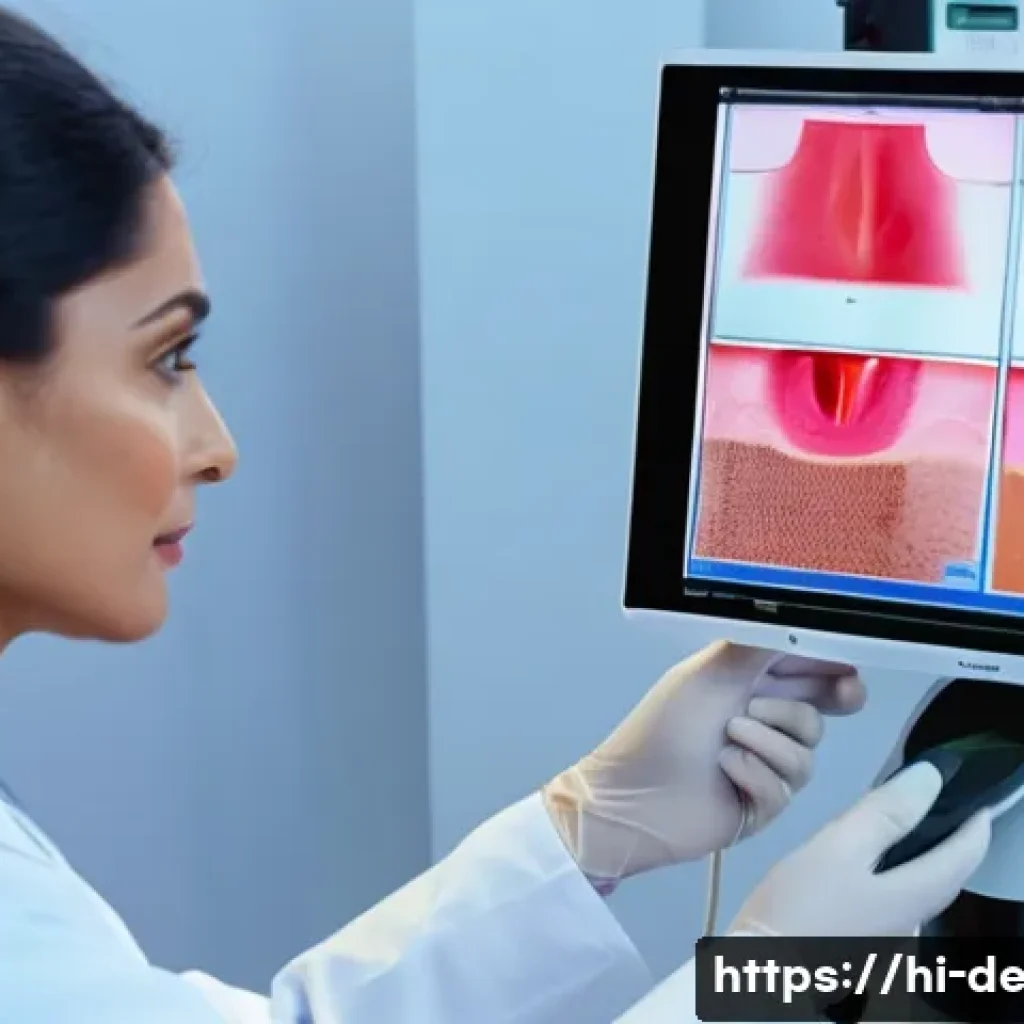피부과 기술 발전 동향 - A modern dermatology clinic scene showcasing fractional laser therapy in action on a middle-aged Sou...