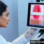 Home 19 피부과 기술 발전 동향 - A modern dermatology clinic scene showcasing fractional laser therapy in action on a middle-aged Sou...