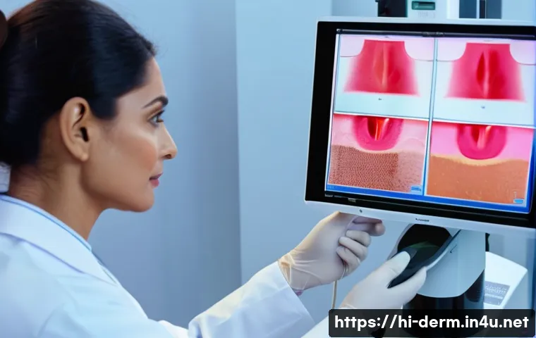 피부과 기술 발전 동향 - A modern dermatology clinic scene showcasing fractional laser therapy in action on a middle-aged Sou...