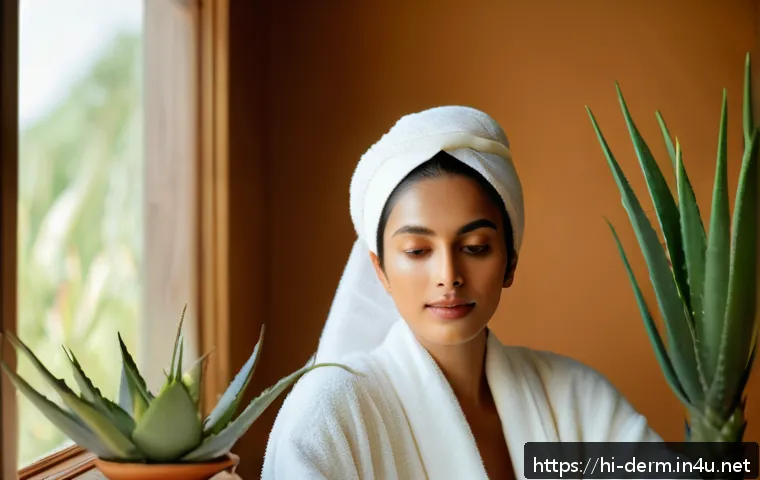 피부건조증 원인과 치료 - A serene and natural skincare scene featuring a woman of South Asian descent with smooth, hydrated s...