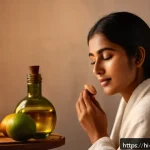 Home 23 피부 트러블 치료법 - A serene, close-up image of a young South Asian woman with glowing, moisturized skin gently massagin...