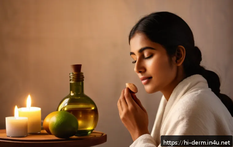 피부 트러블 치료법 - A serene, close-up image of a young South Asian woman with glowing, moisturized skin gently massagin...