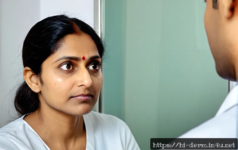 피부과 시술 부작용 - Photorealistic close-up of an Indian woman in her 30s examining mild facial redness and slight swell...