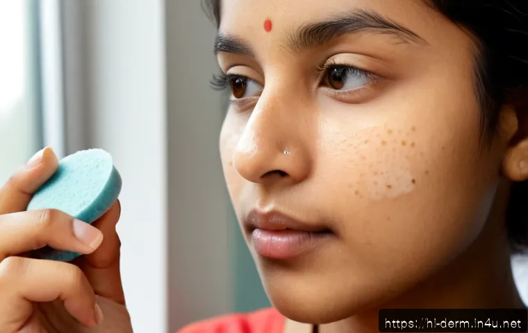 Home 17 트러블 피부 메이크업 팁 - Photorealistic close-up of a young Indian woman with mild acne-prone skin applying a small amount of...