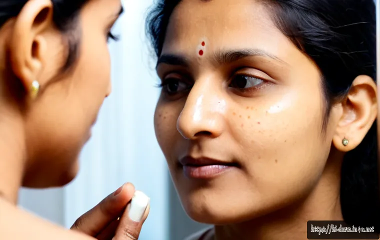 지루성 피부염 치료 - Photorealistic close-up of an Indian woman in her 30s gently applying a small amount of medicated cr...